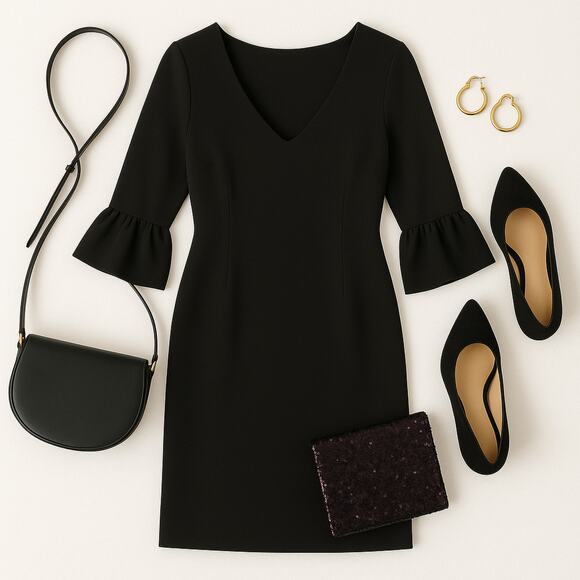 Lafayette 148 NY Black V Neck Bell Sleeve Sheath Knee Length Dress XL - Picture 2 of 10